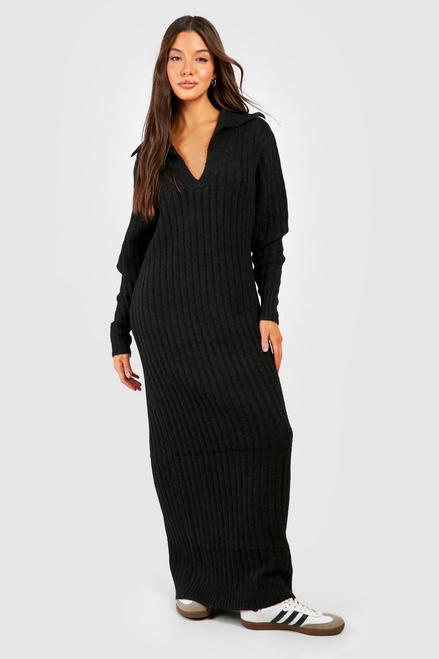 Black Soft Wide Rib Polo Collar Maxi Jumper Dress