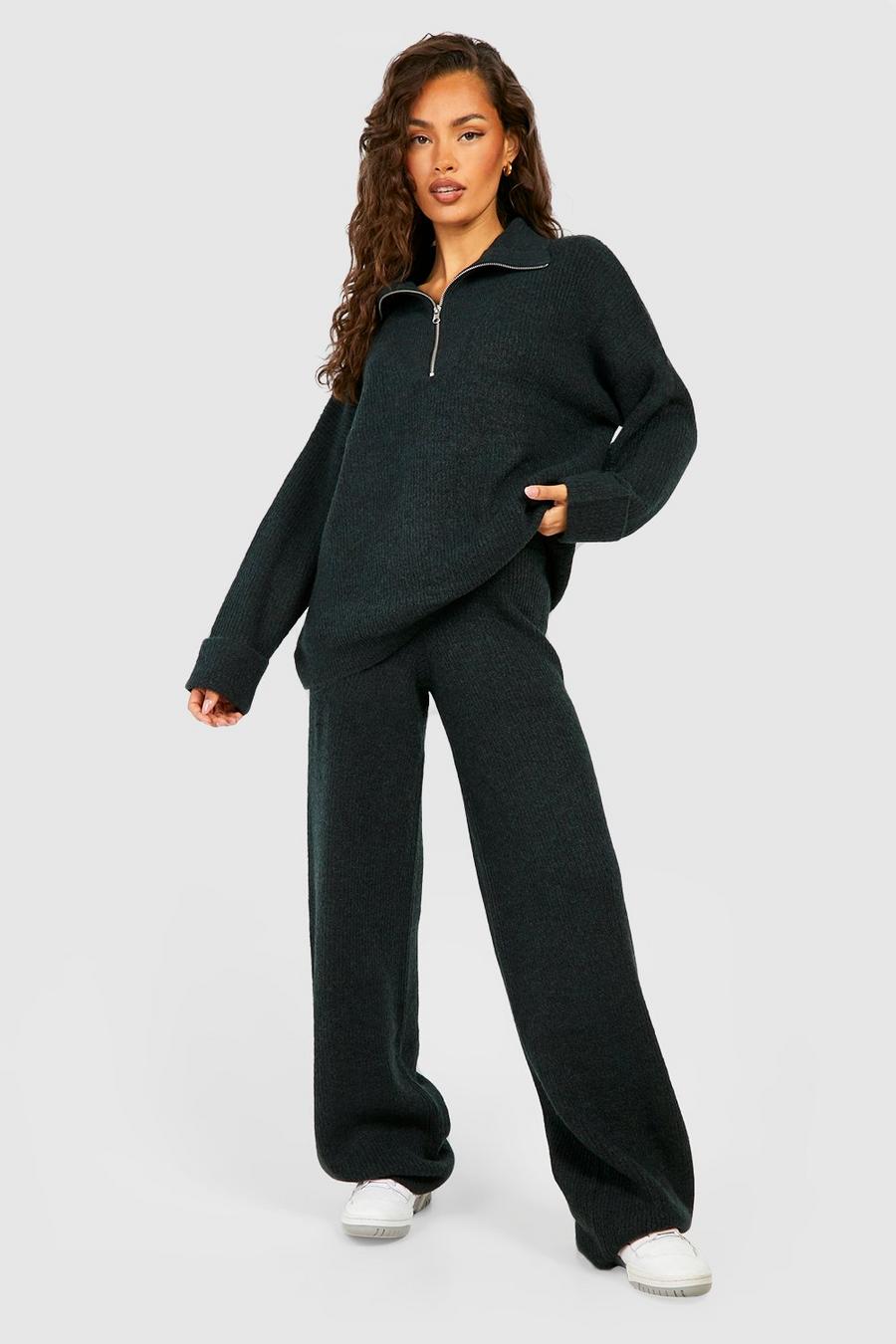 Ink Half Zip Funnel Neck And Wide Leg Trouser Knitted Set