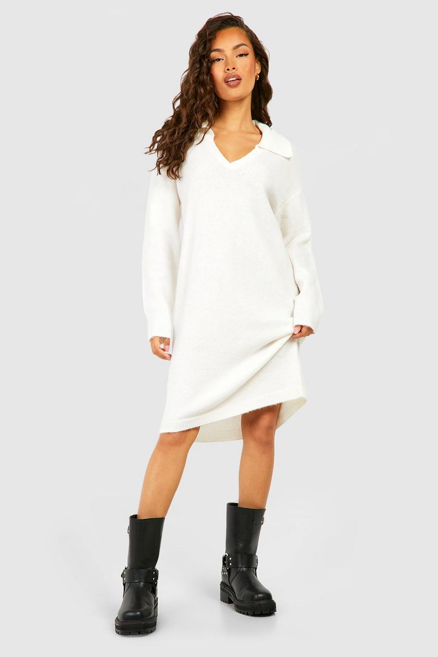 White Soft Knit Collared Sweater Dress