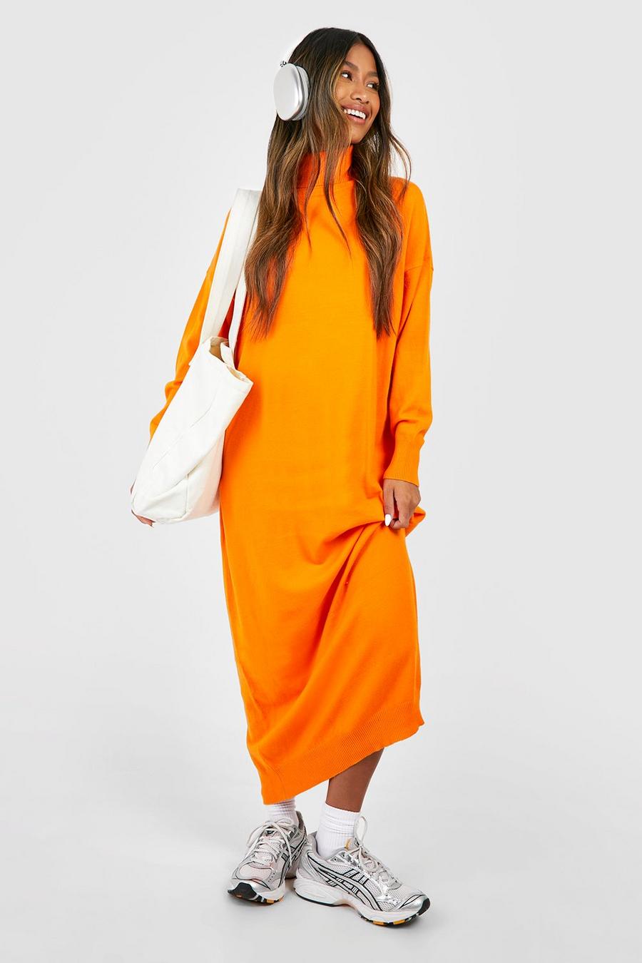 Orange Fine Knit Turtleneck Knitted Midi Dress