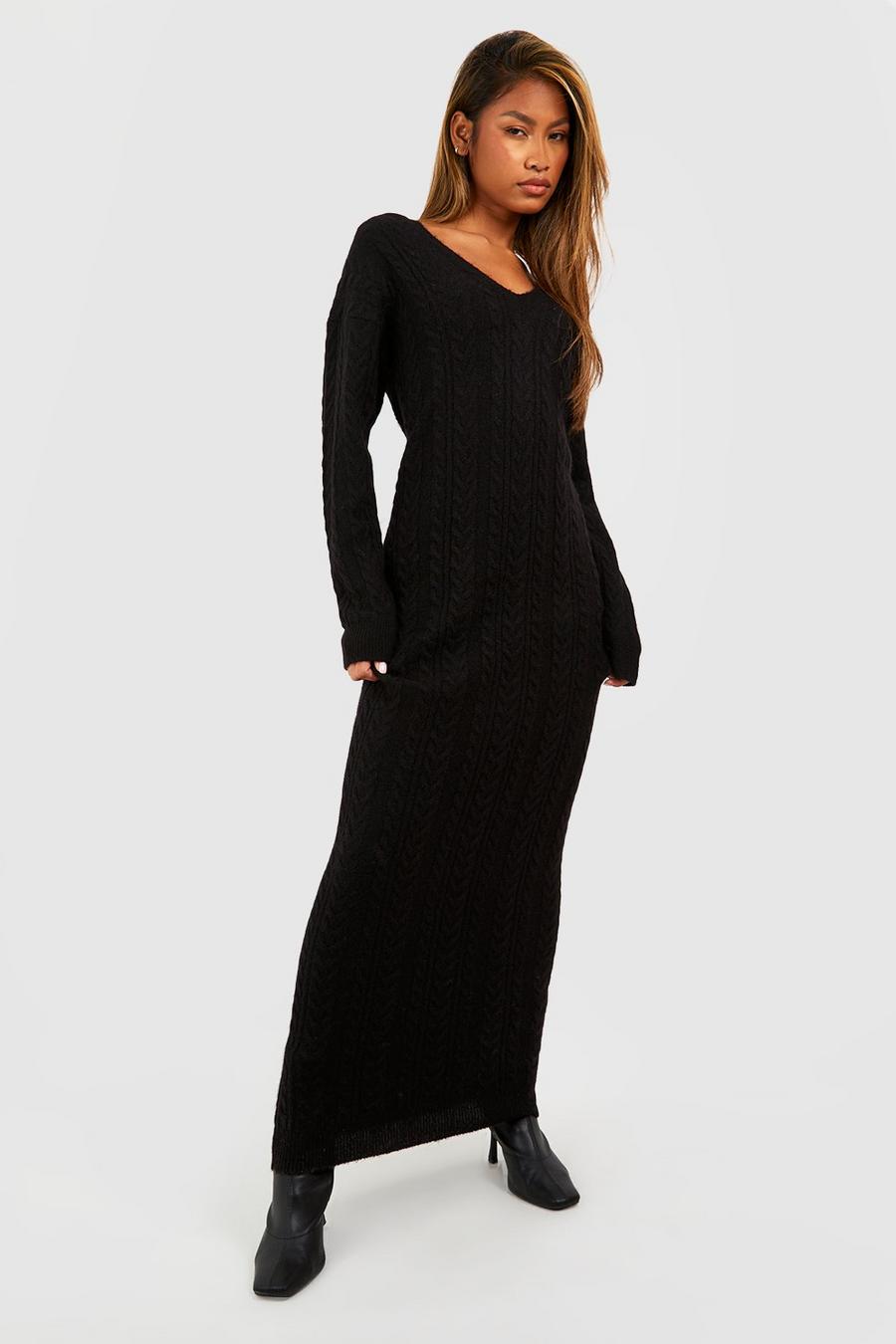 Black Cable Knit V Neck Maxi Sweater Dress