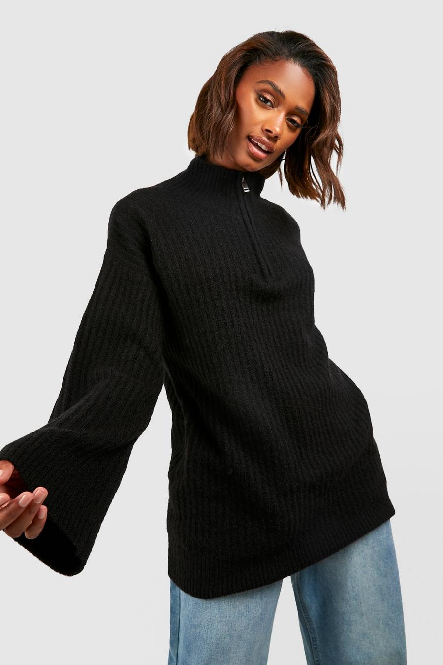 Black Soft Rib Knit Funnel Neck Sweater image number 1