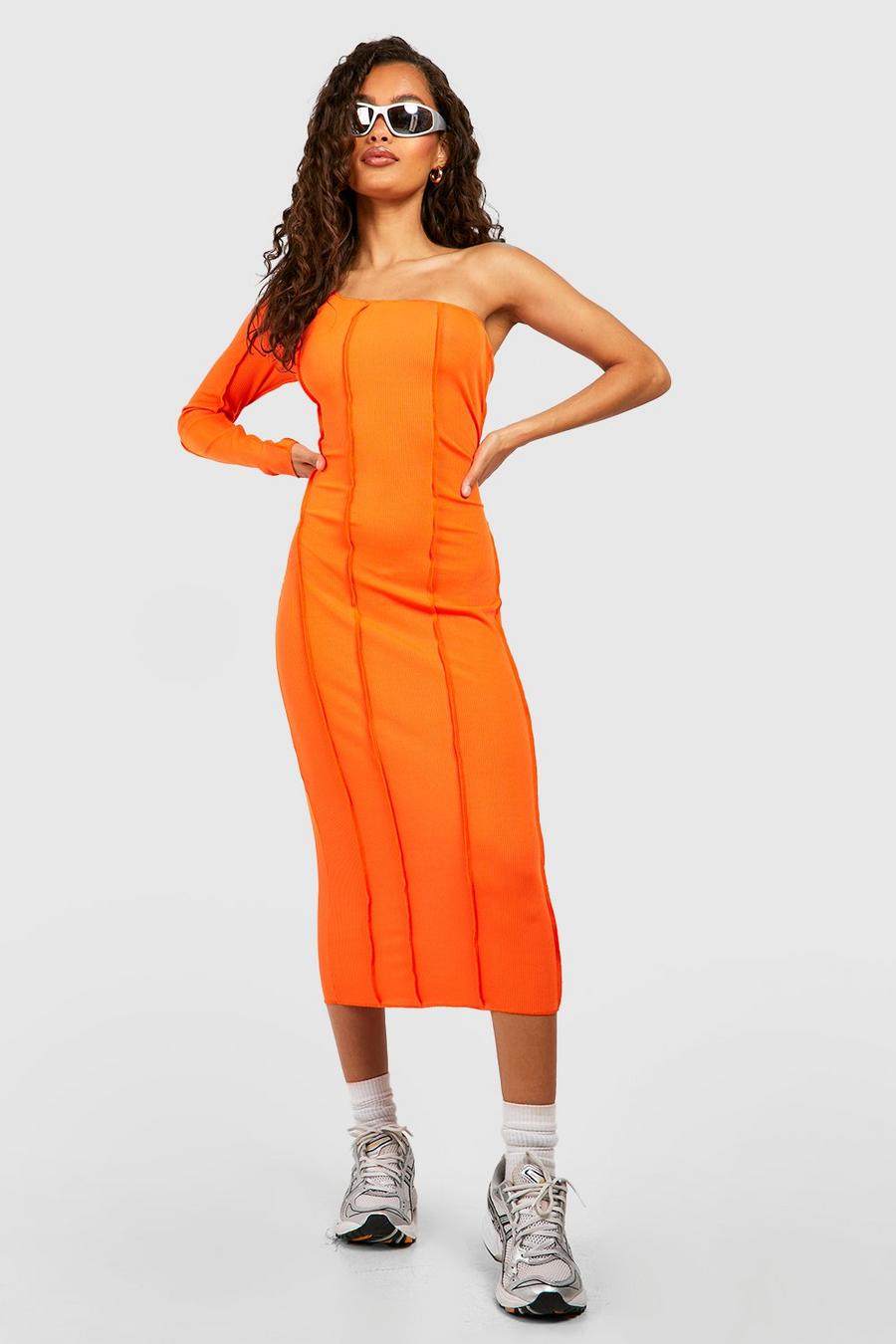 Orange Asymmetrische Midi Jurk Met Naaddetail