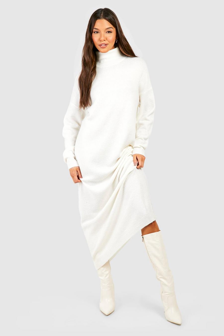 White High Neck Soft Knit Midi Dress