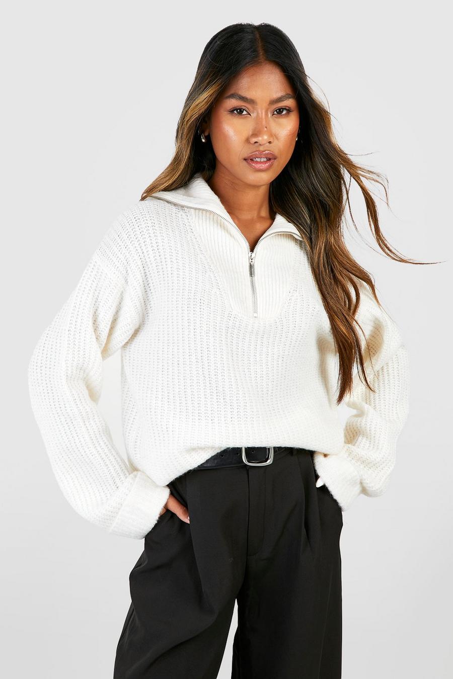 Ecru Chunky Soft Knit Half Zip Sweater