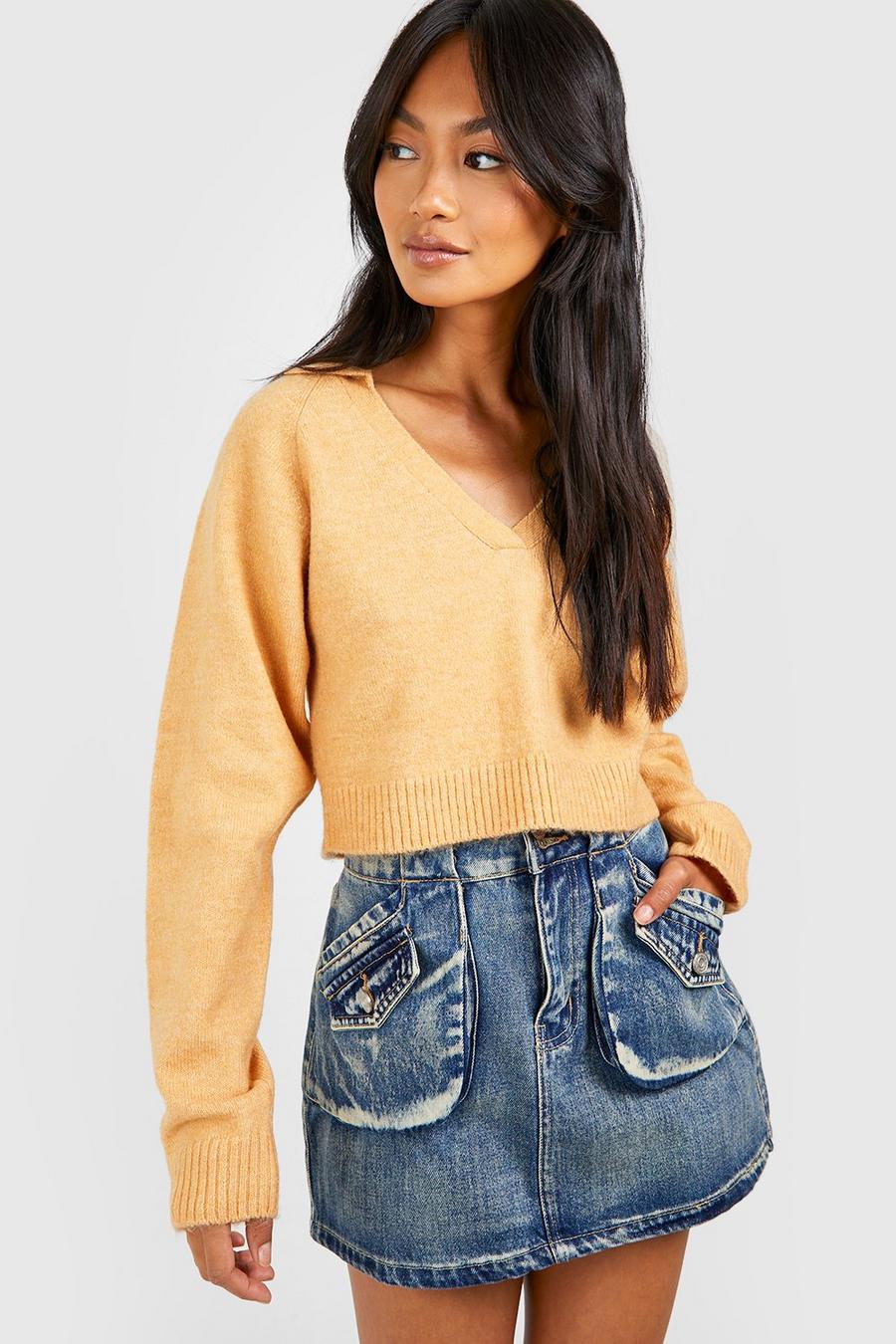 Camel Soft Knit Fine Gauge Cropped Polo Collar Sweater