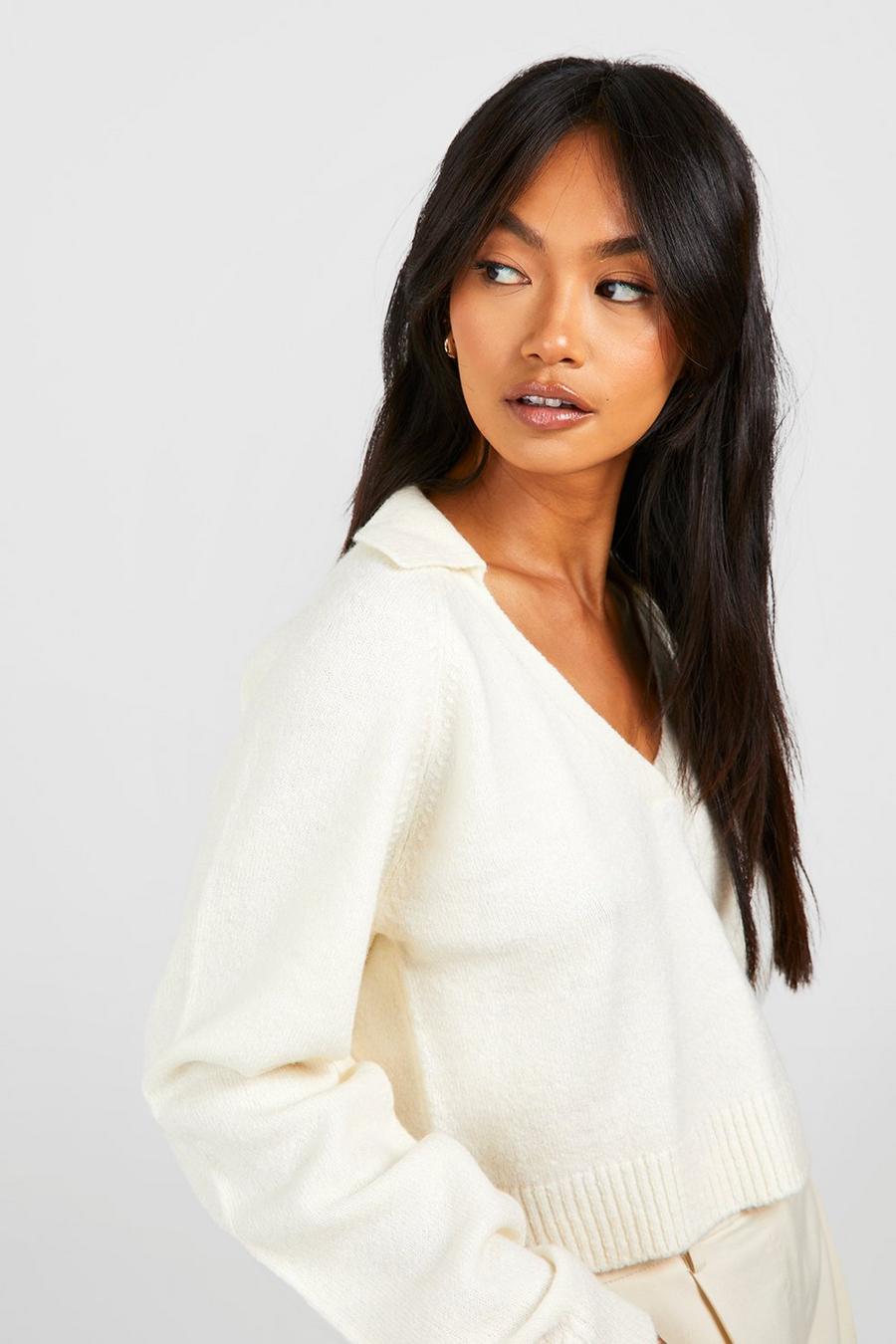 Ecru Soft Knit Fine Gauge Cropped Polo Collar Sweater