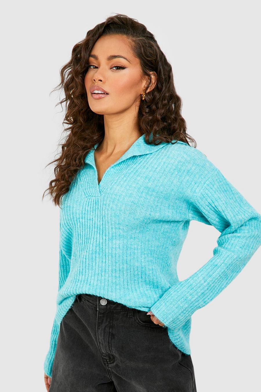 Turquoise Soft Rib Knit Polo Collar Sweater
