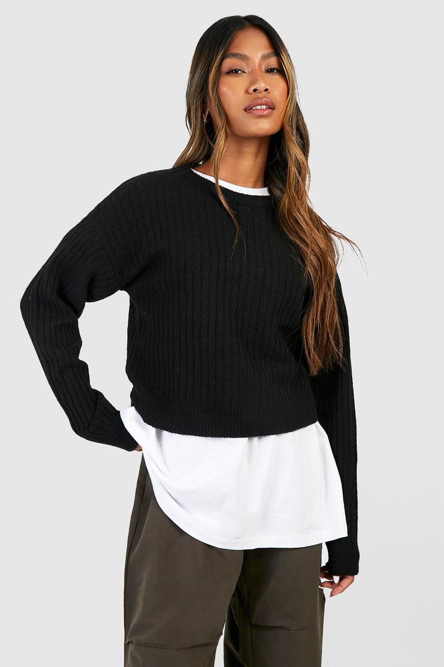 Black Soft Rib Knit Crop Sweater