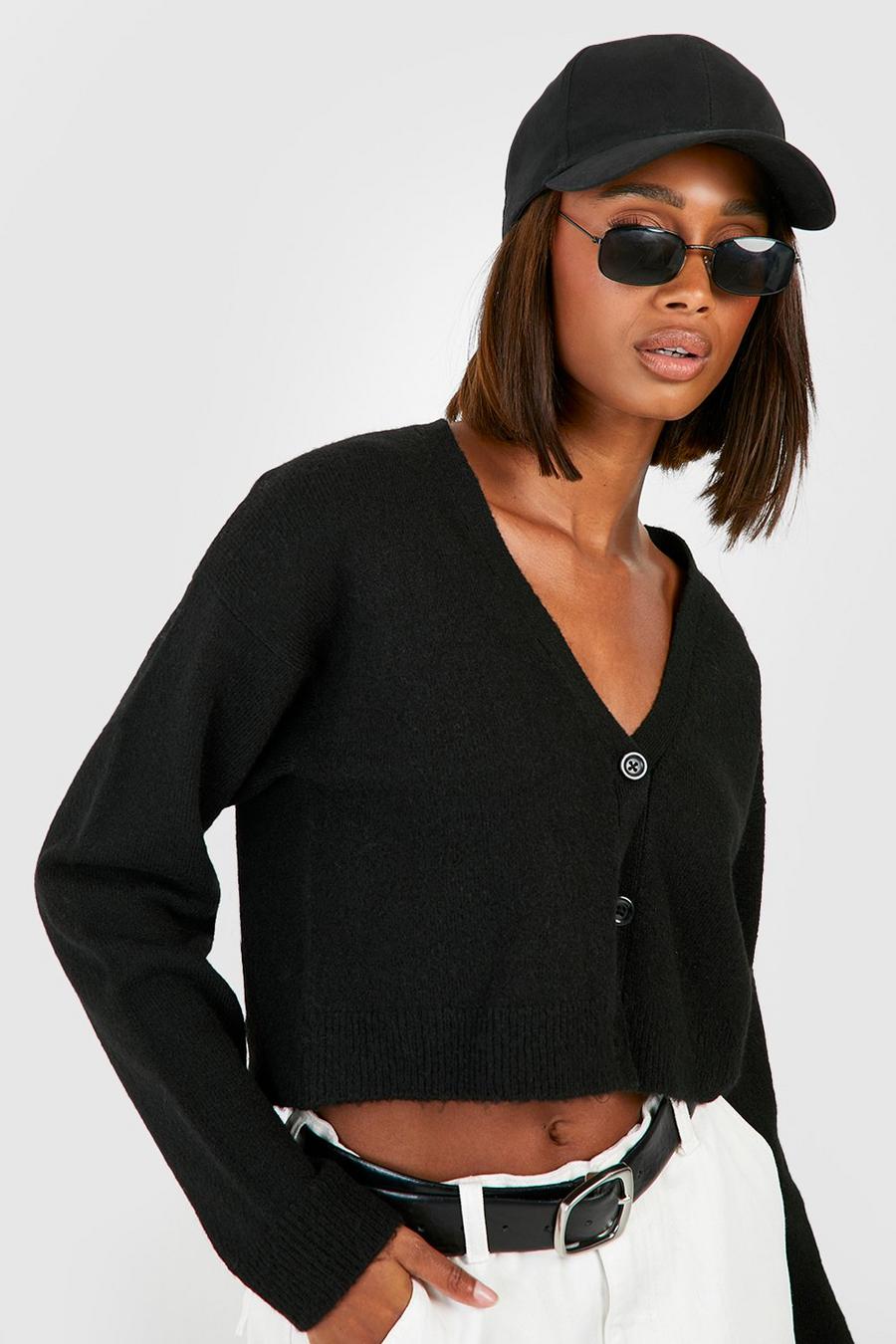 Black Soft Knit Fine Gauge Crop Cardigan 