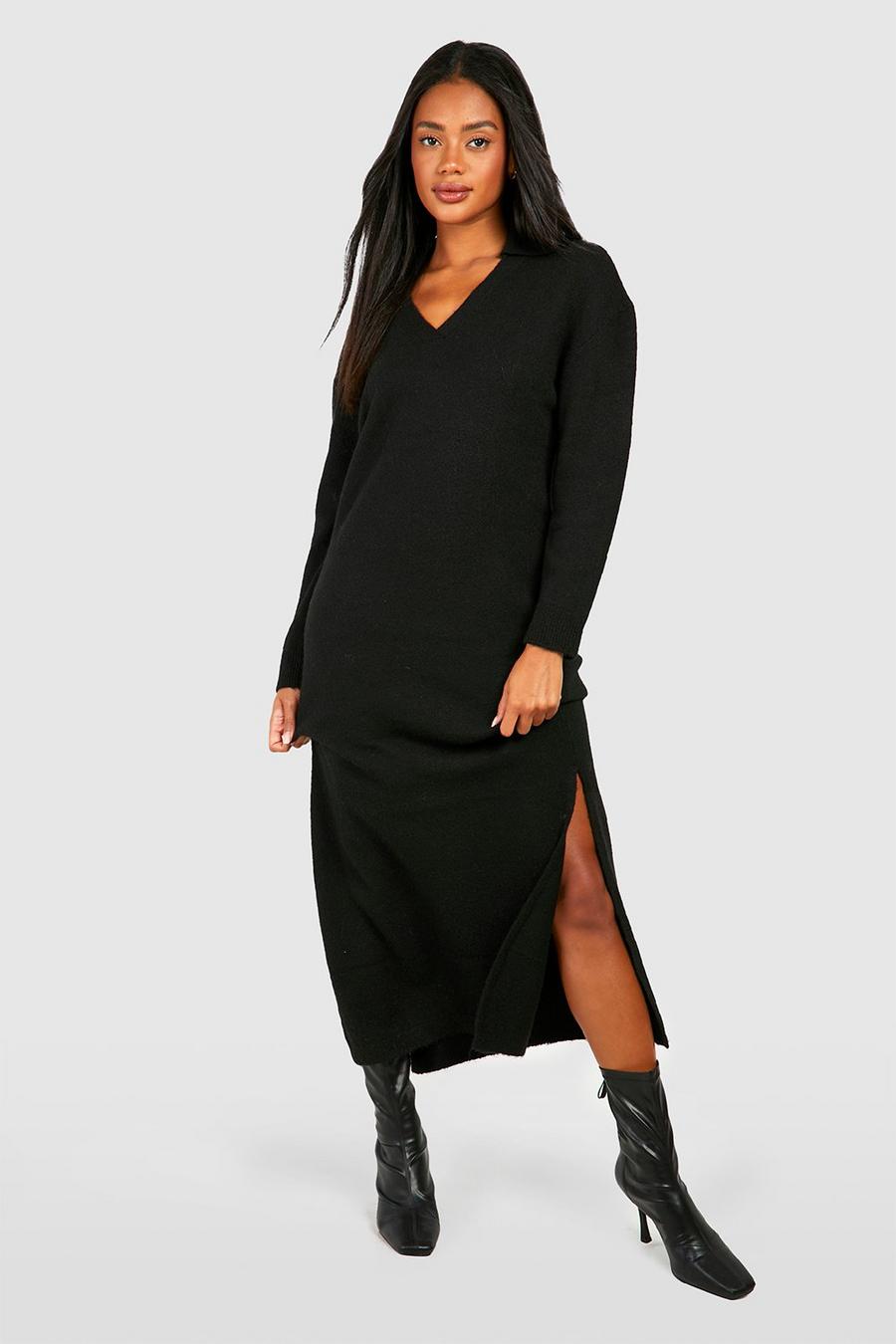 Black Polo Collar Soft Knit Fine Gauge Maxi Dress 