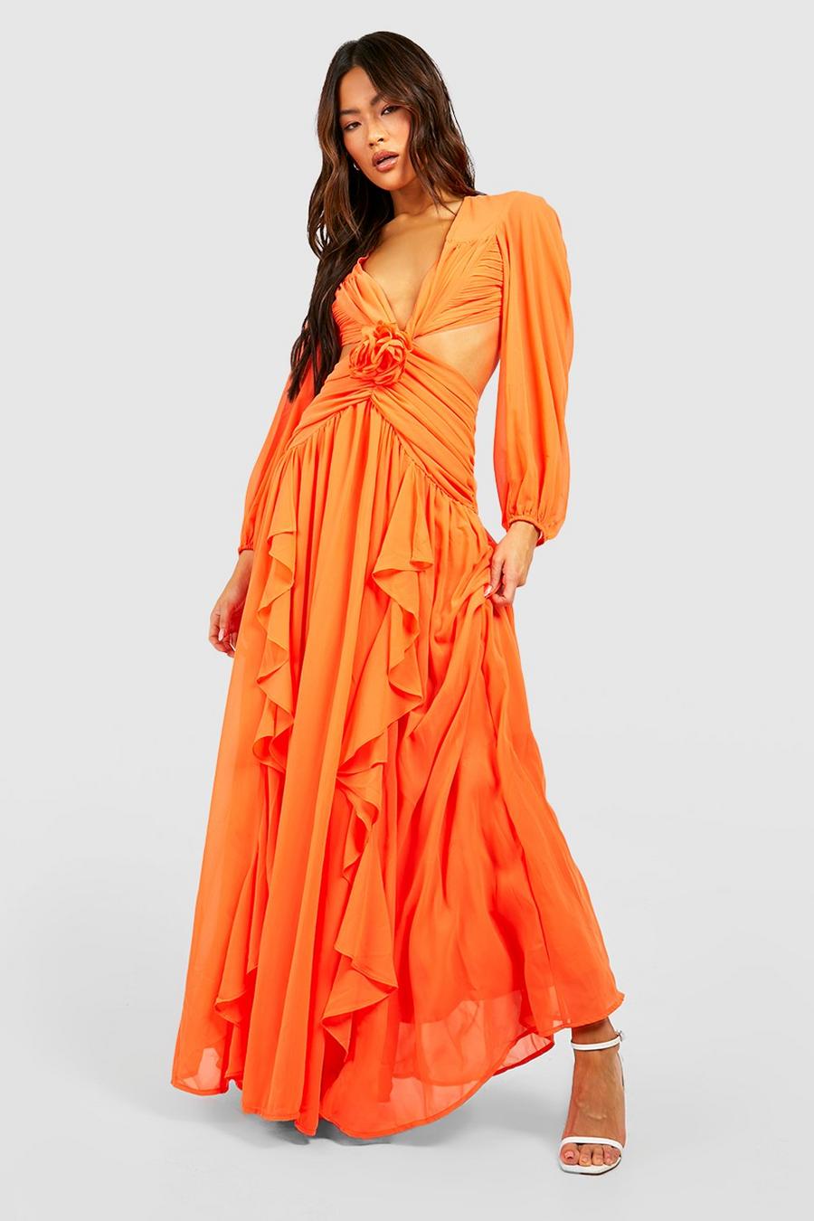 Vestito maxi con arricciature e dettagli di rose, Orange