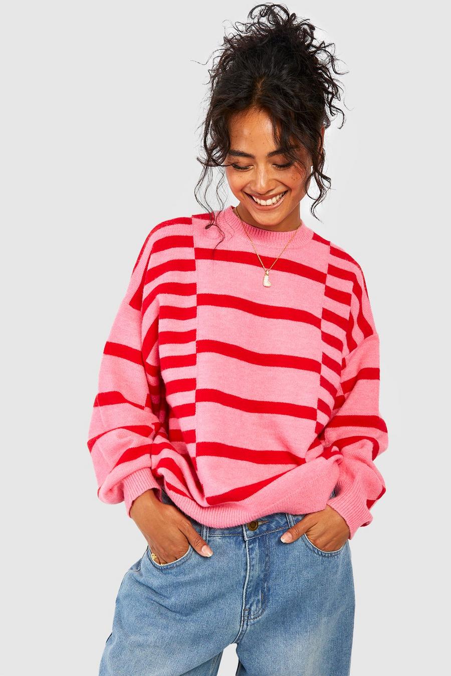 Maglione oversize a righe miste, Pink image number 1