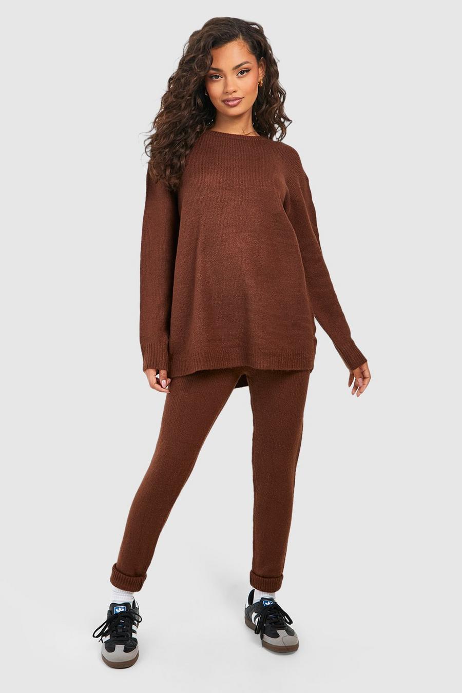 Brown Soft Knit Crew Neck Sweater & Pants Two-Piece