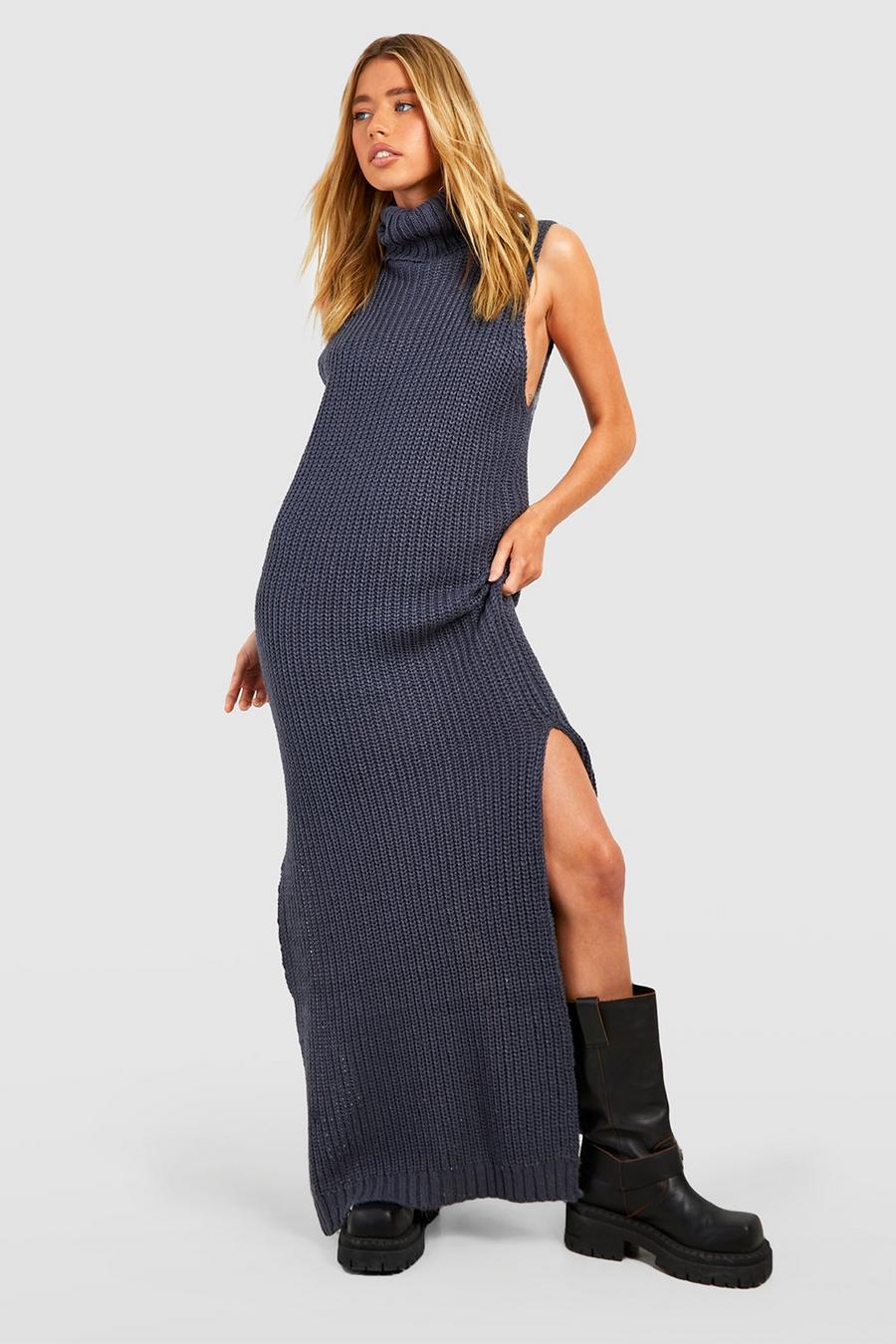 Charcoal Chunky Roll Neck Sleeveless Maxi Dress