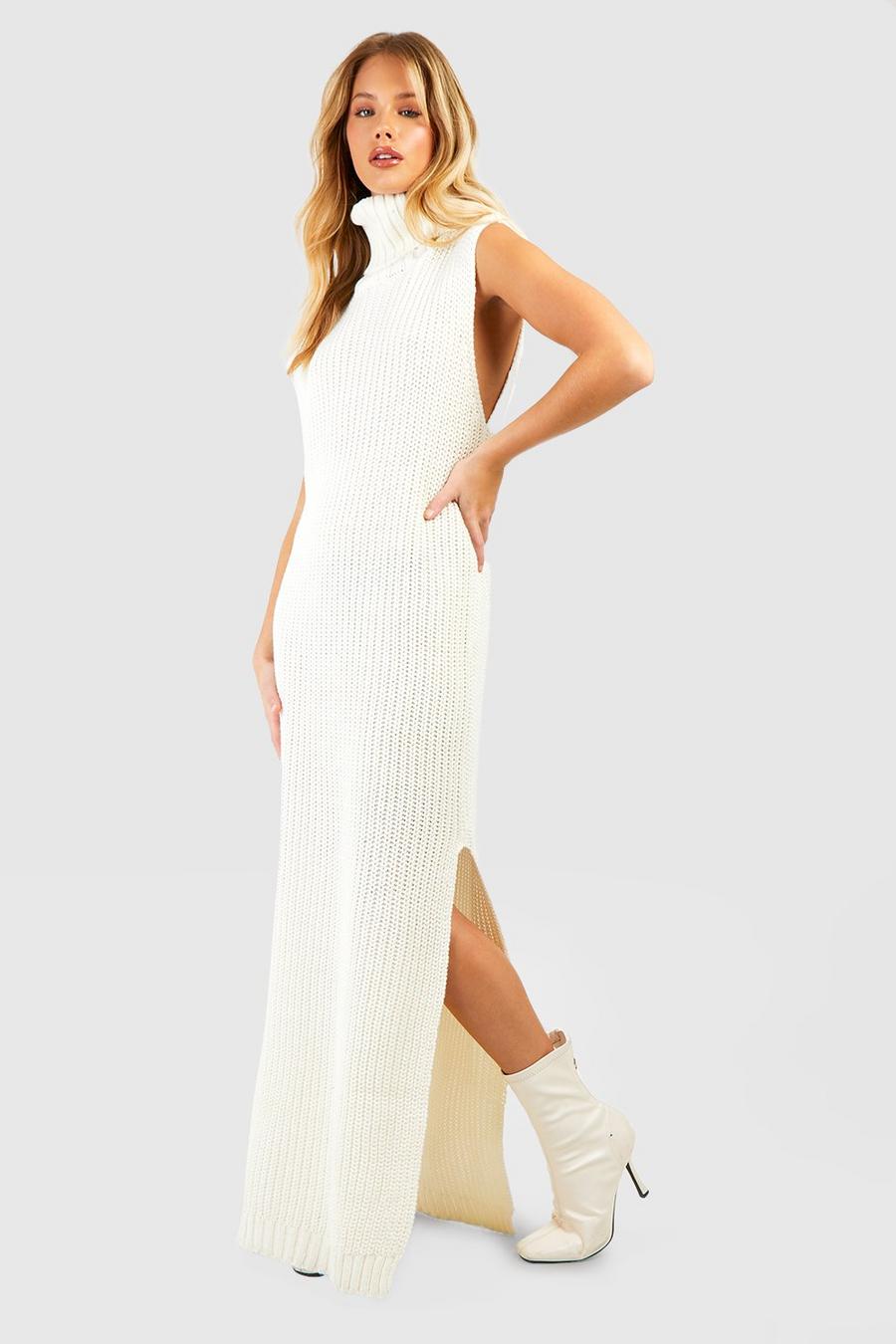 Cream Chunky Turtleneck Sleeveless Maxi Dress