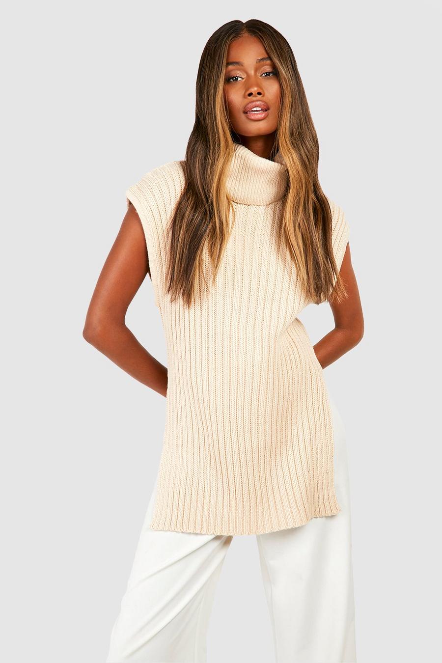 Stone Chunky Rib Roll Neck Knitted Tank