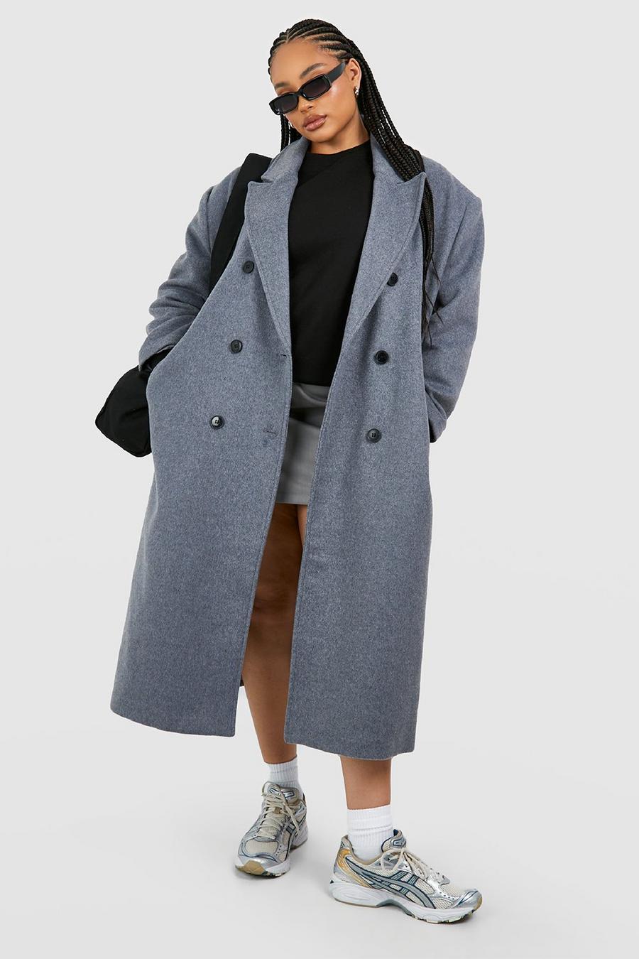 Grey Plus Oversized Shoulder Pad Double Breast Maxi Wool Coat
