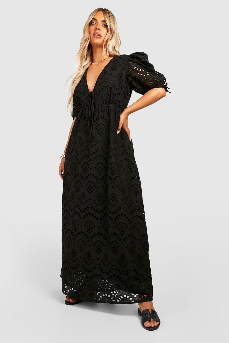 Black Plus Broderie Puff Sleeve Tie Front Maxi Dress 