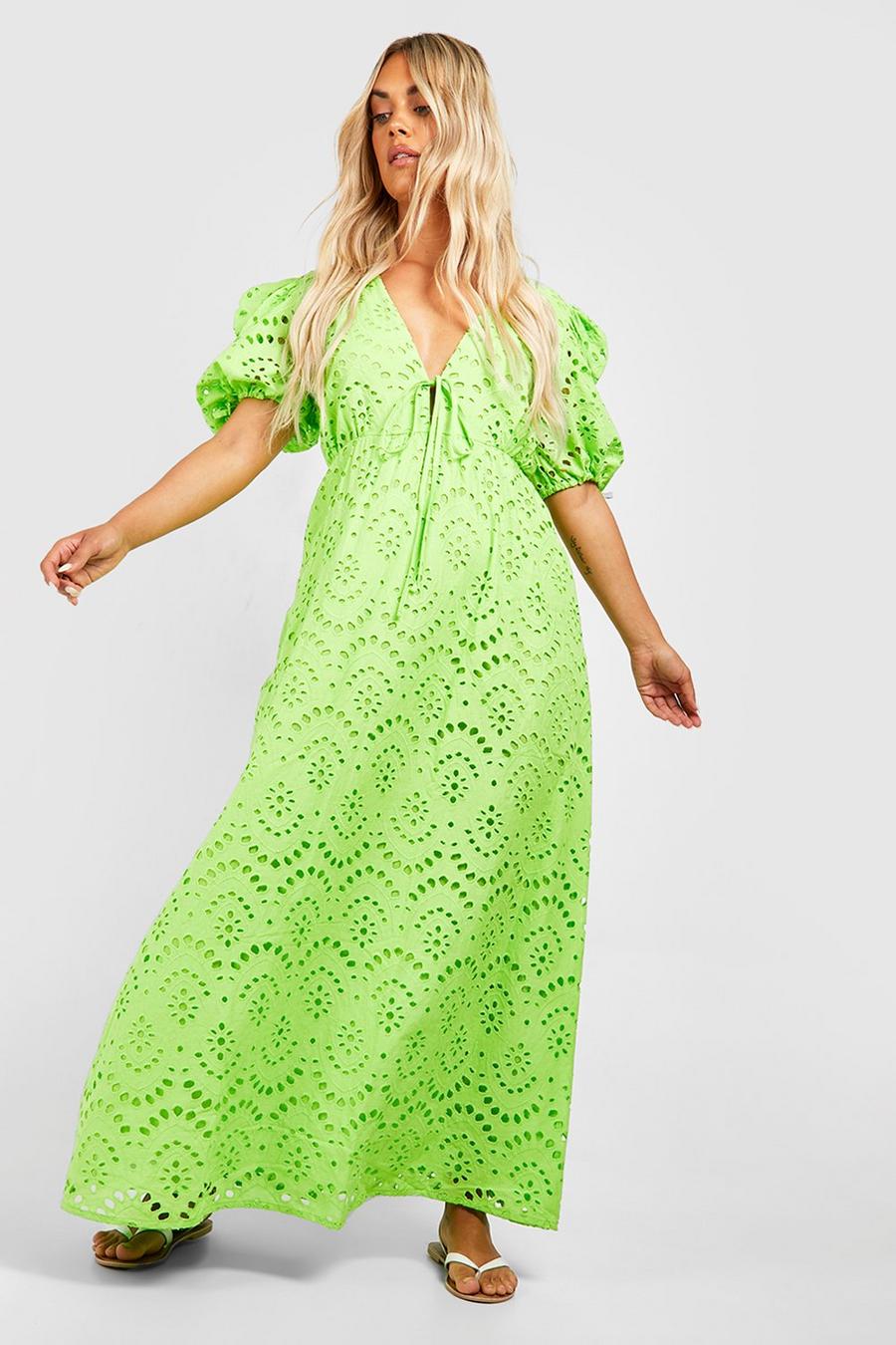 Lime Plus Broderie Puff Sleeve Tie Front Maxi Dress  image number 1