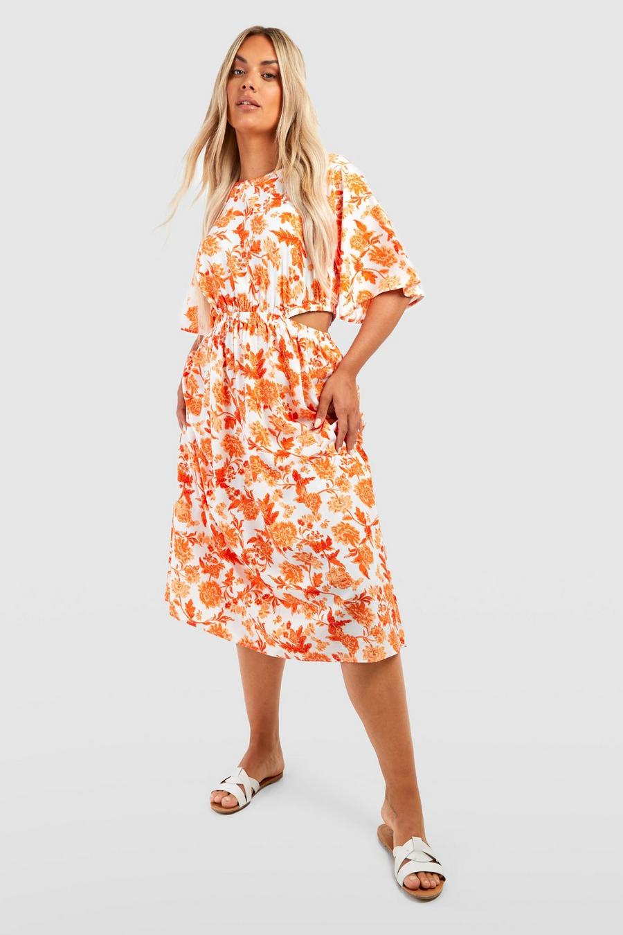 Orange Plus Floral Angel Sleeve Midi Dress image number 1