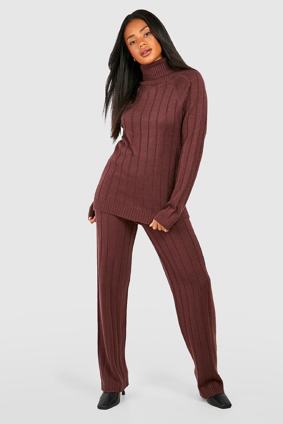 Chocolate Wide Rib Roll Neck & Trouser Knitted Co-ord