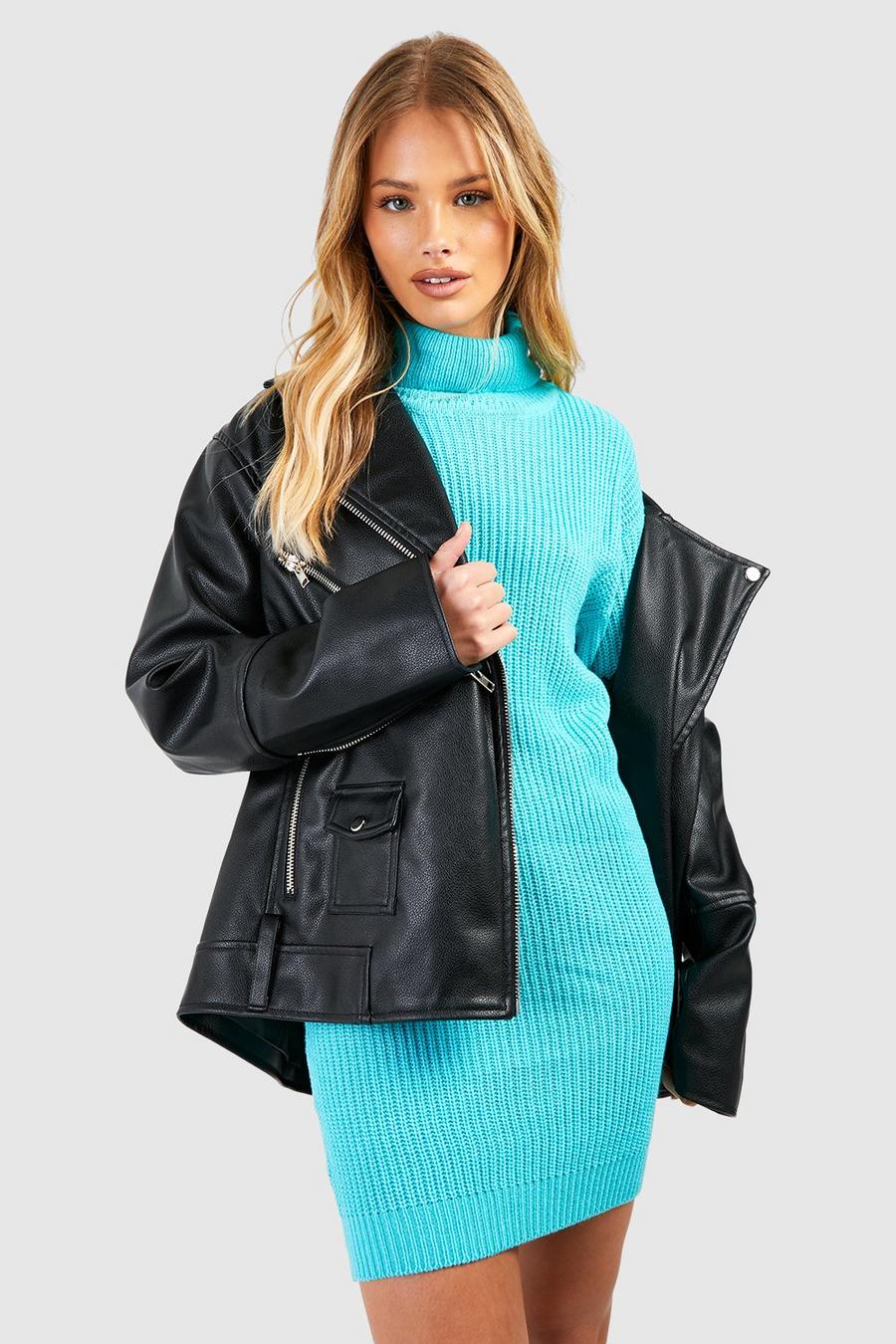 Turquoise Basic Turtleneck Sweater Dress