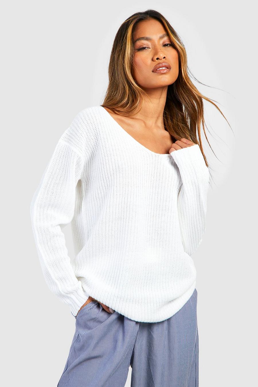 White Basic V Neck Sweater image number 1