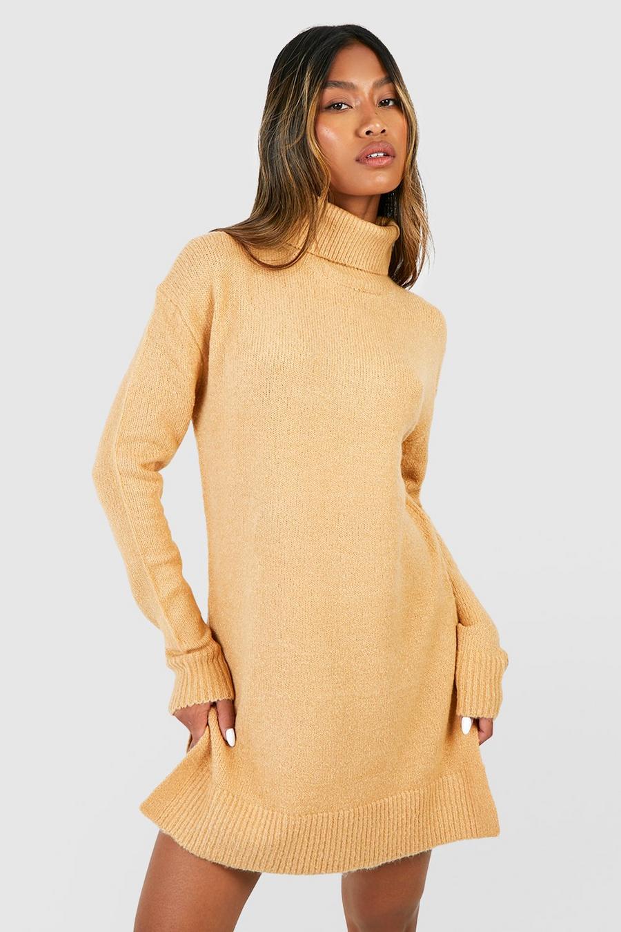 Camel Turtleneck Oversized Sweater Dress