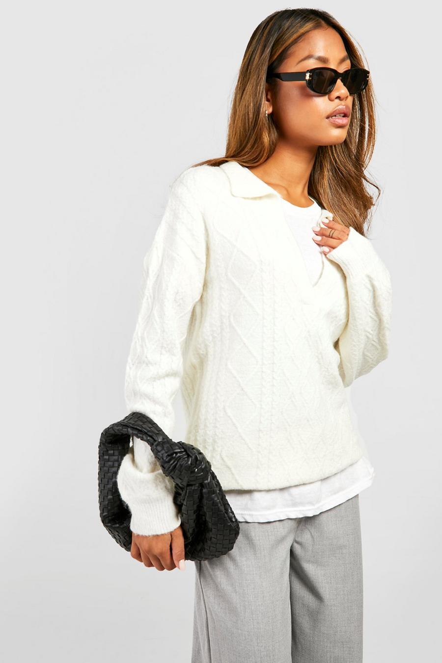 Cream Soft Knit Cable Polo Collar Sweater