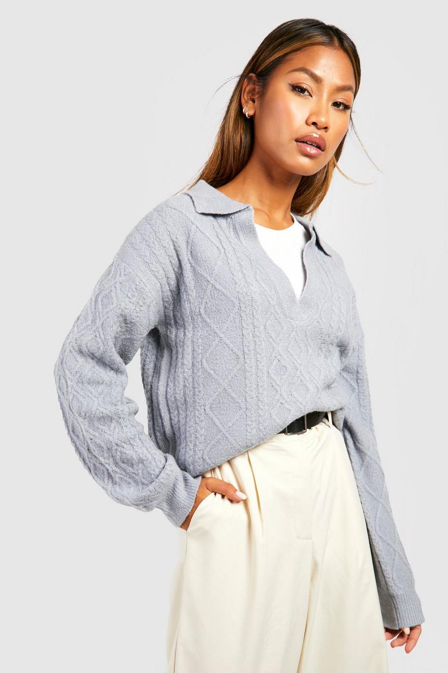 Grey Soft Knit Cable Polo Collar Sweater