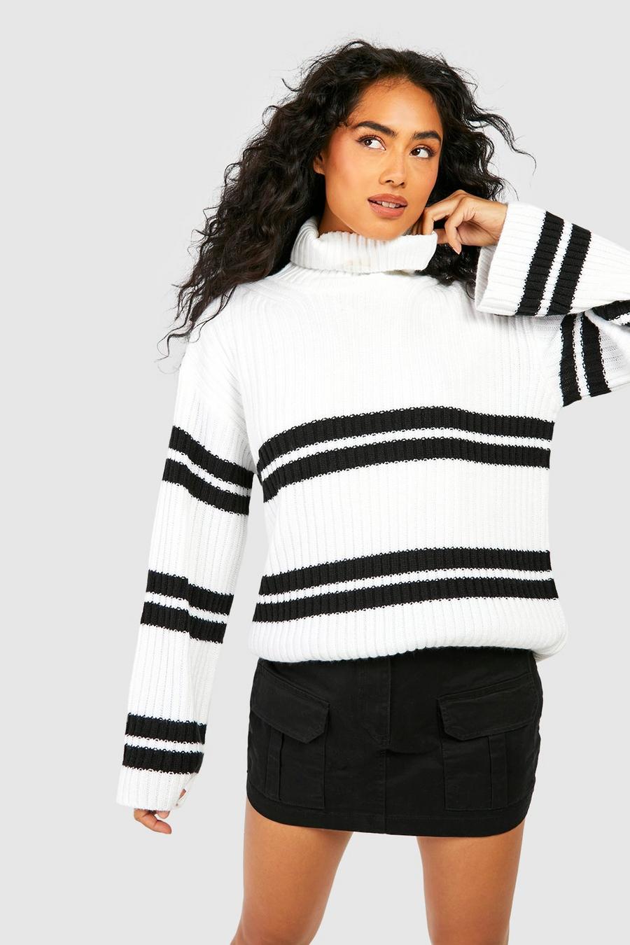 White Roll Neck Mixed Stripe Jumper  image number 1