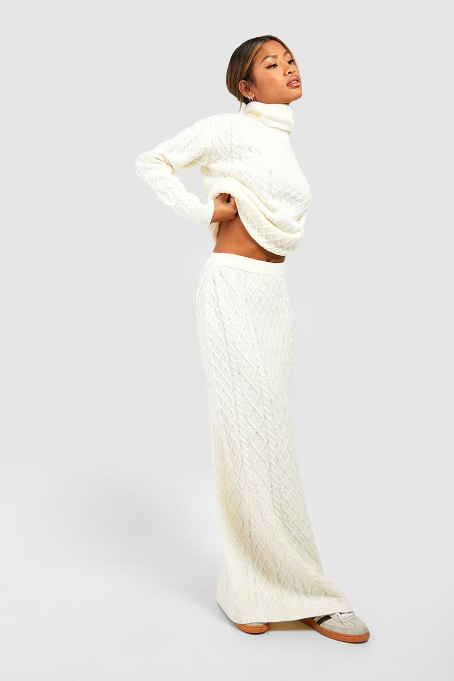 Cream Cable Roll Neck Jumper And Maxi Skirt Knitted Co-ord