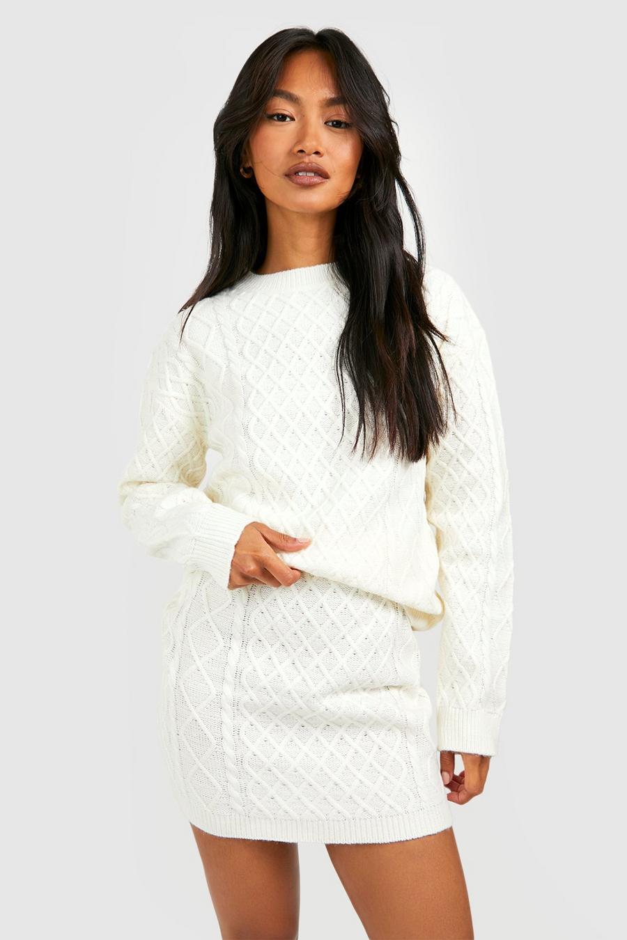Cream Cable Sweater And Mini Skirt Knitted Two-Piece