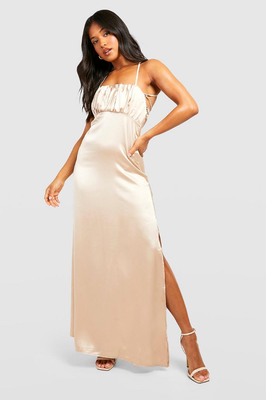 Champagne Petite Satin Occasion Ruched Slip Maxi Dress image number 1
