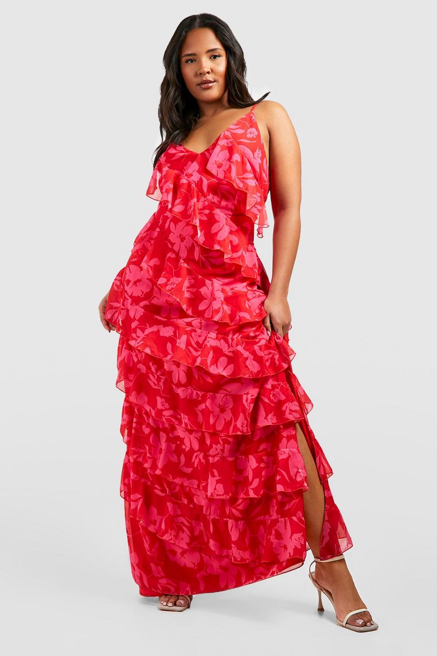 Vestito maxi Plus Size a fiori con scollo profondo e arricciature, Red