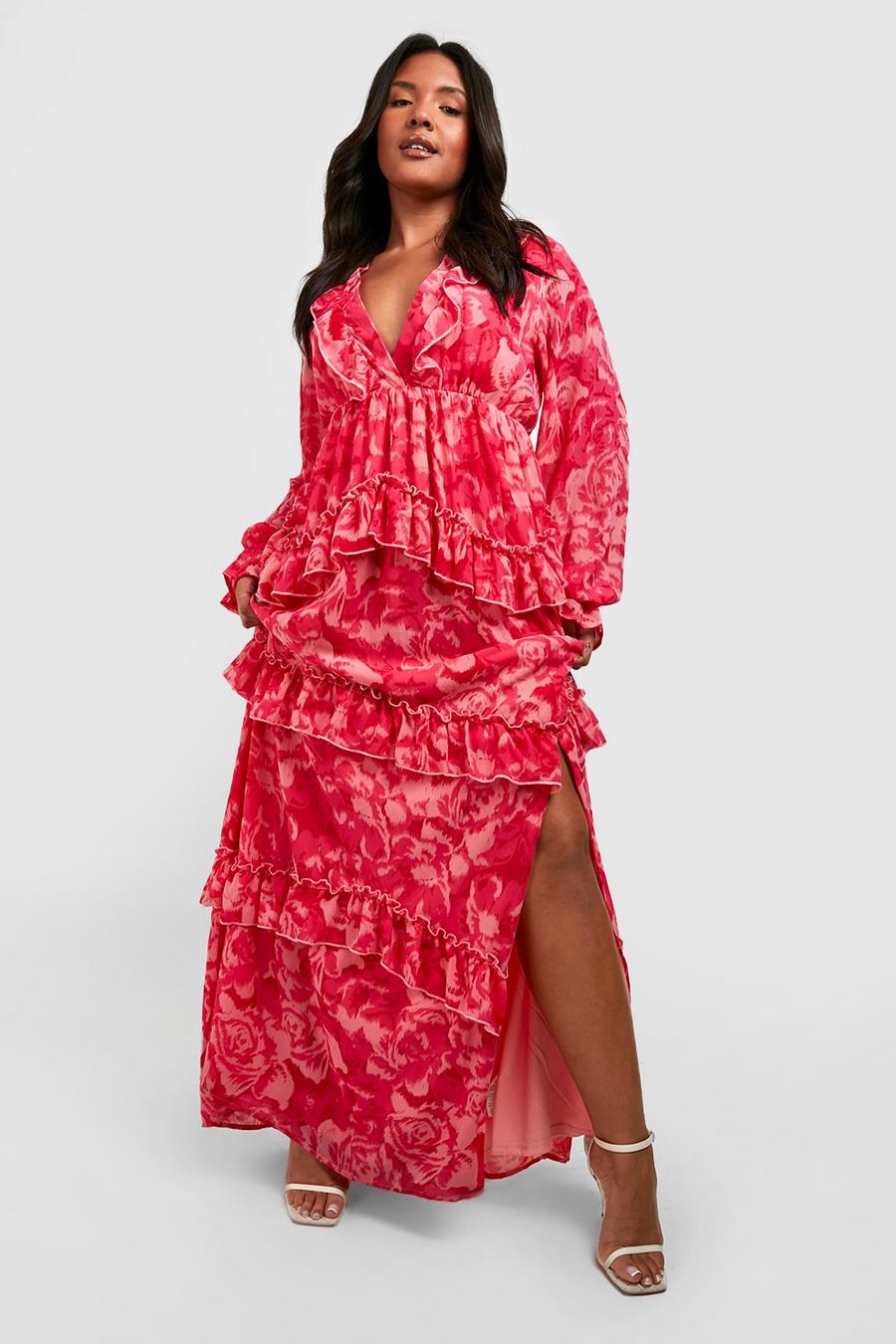 Vestito maxi Plus Size a fiori con scollo profondo e arricciature, Pink image number 1