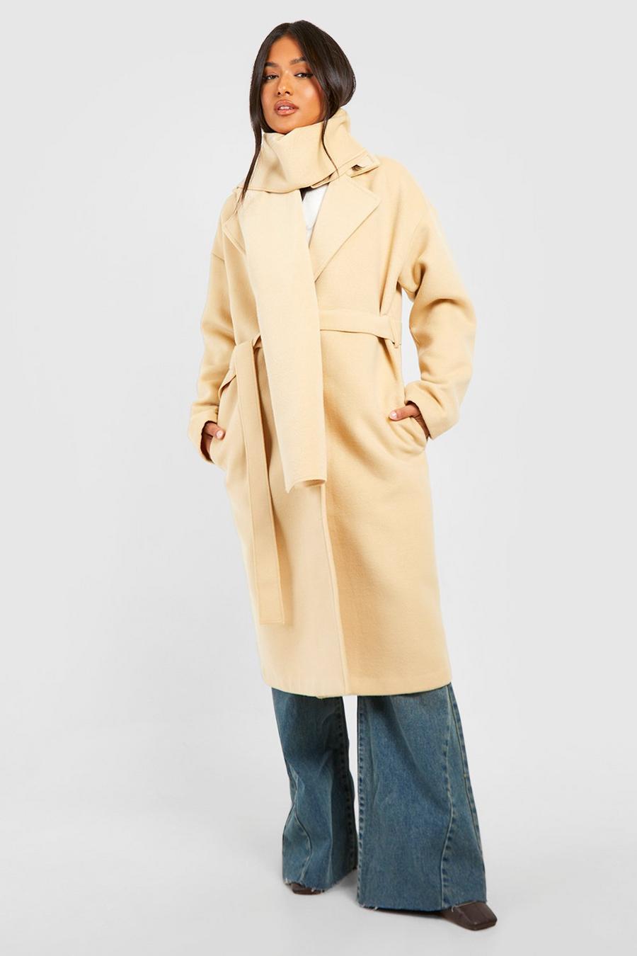 Camel Petite Wool Wrap Coat With Scarf