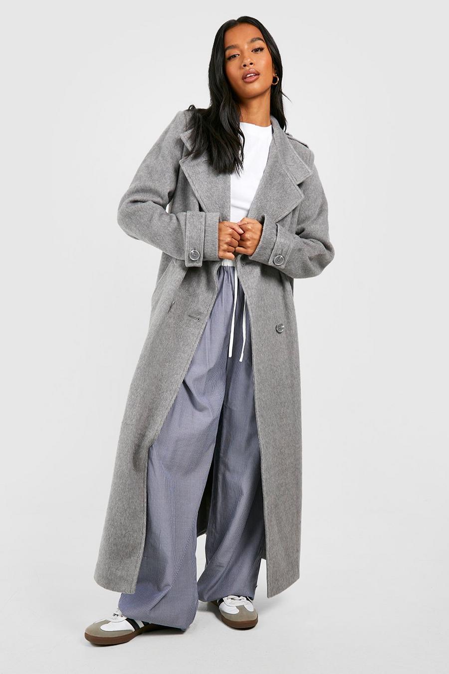 Grey Petite Collar Detail Double Breasted Wool Maxi Coat