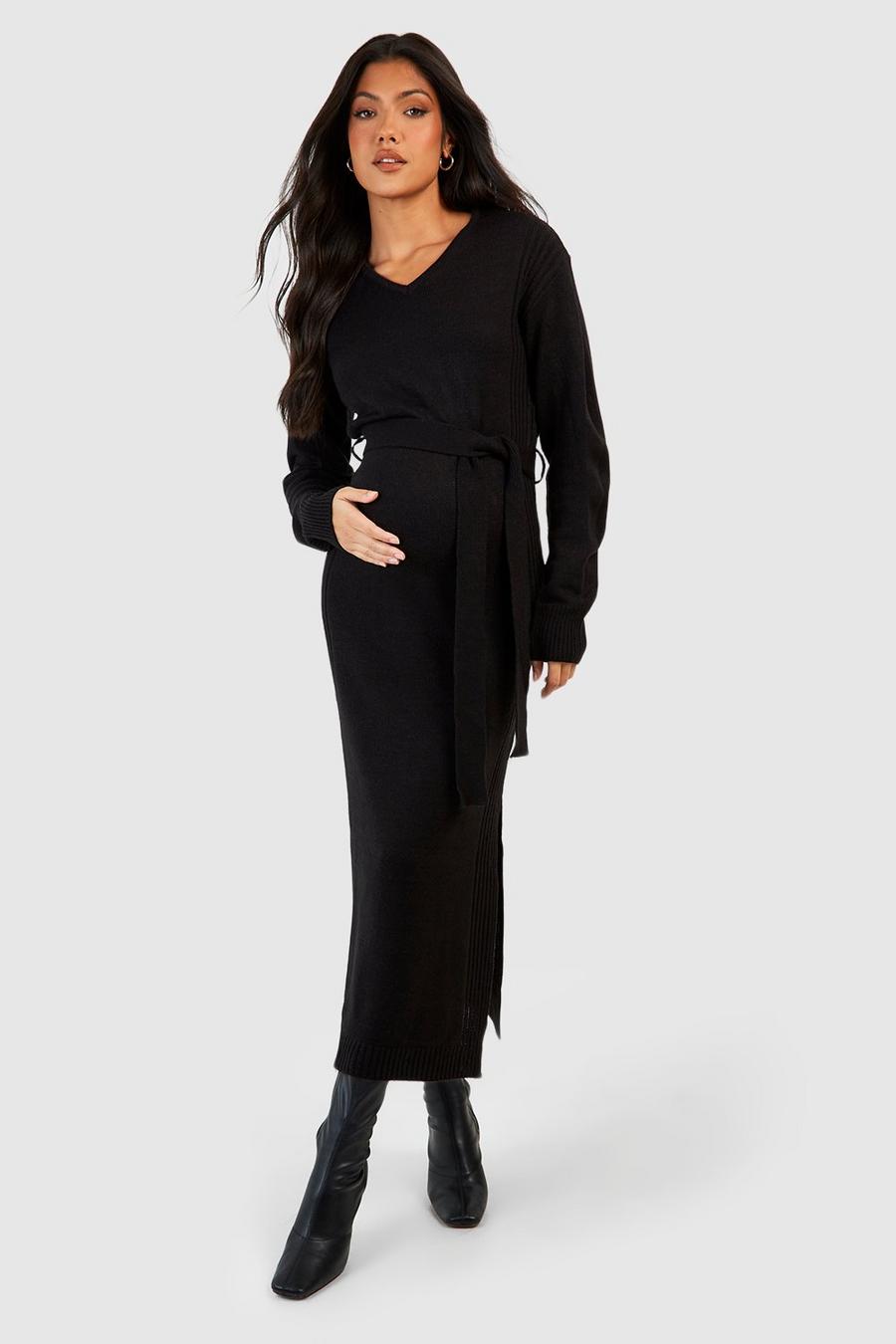 Maternité - Robe de grossesse longue fendue en maille, Black