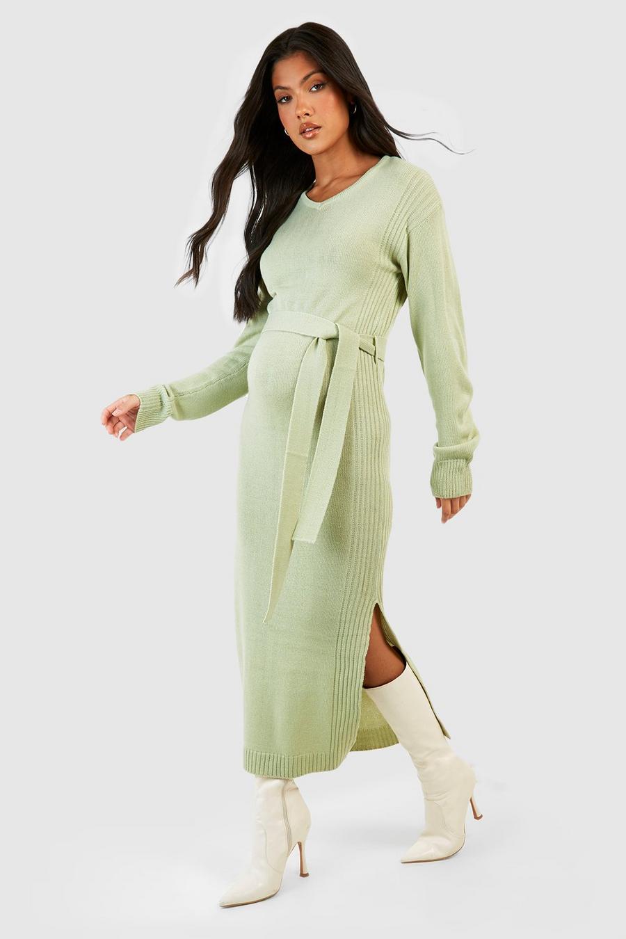 Khaki Maternity Knitted Split Midi Dress