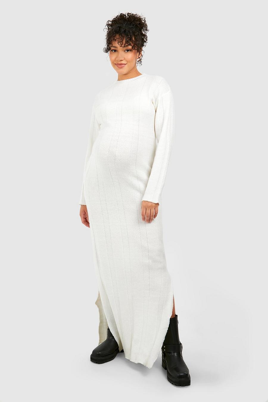 Vestito maxi Premaman in maglia a coste ampie, Off white