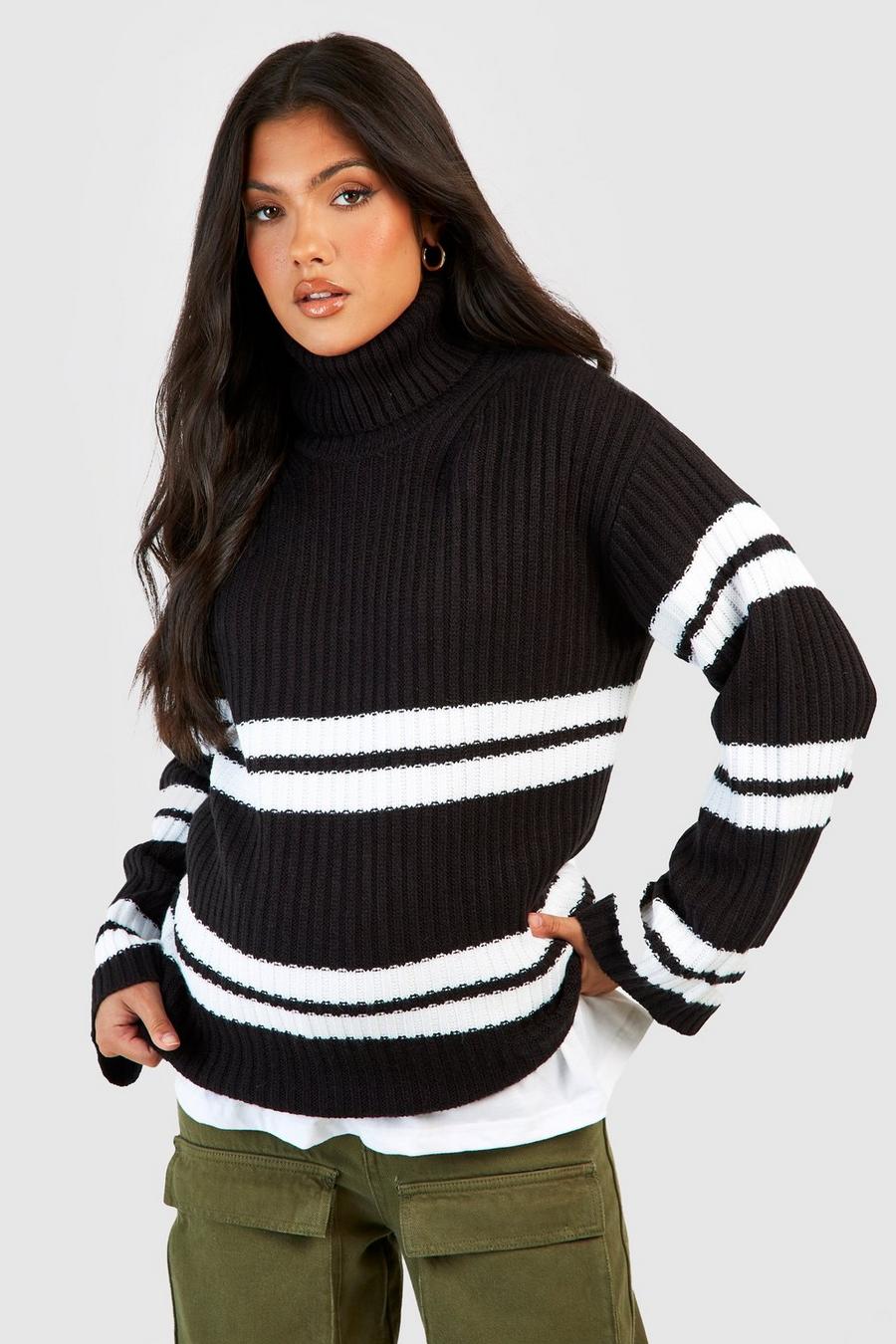 Black Maternity Cowl Neck Stripe Sweater