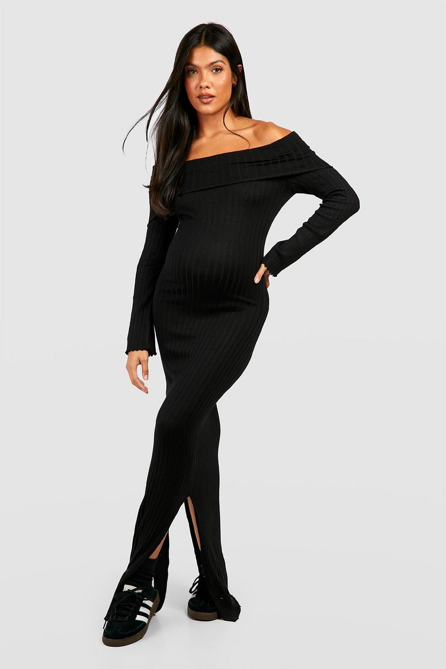 Black Maternity Bardot Neckline Knitted Maxi Dress