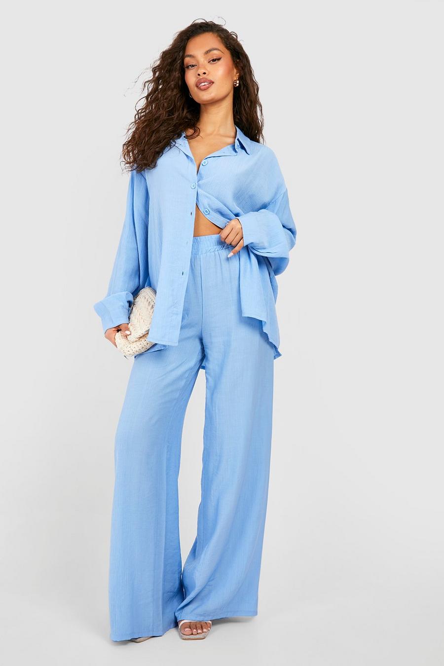 Sky blue Crinkle Relaxed Fit Wide Leg Trousers