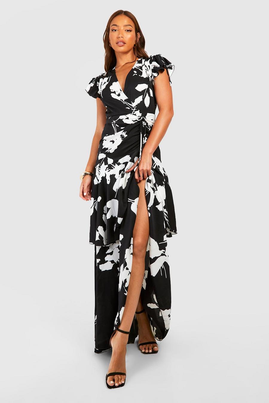 Black Tall Mono Floral Wrap Ruffle Ruched Angel Sleeve Dress image number 1