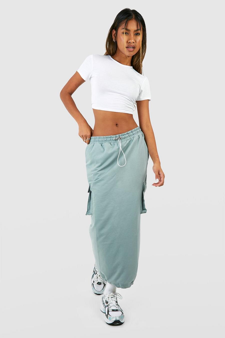 Sage Midi Sweat Rok Met Cargo Zakken