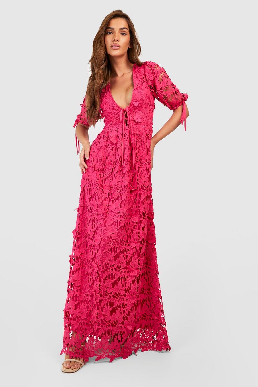 Robe longue dos nu en dentelle premium, Hot pink image number 1