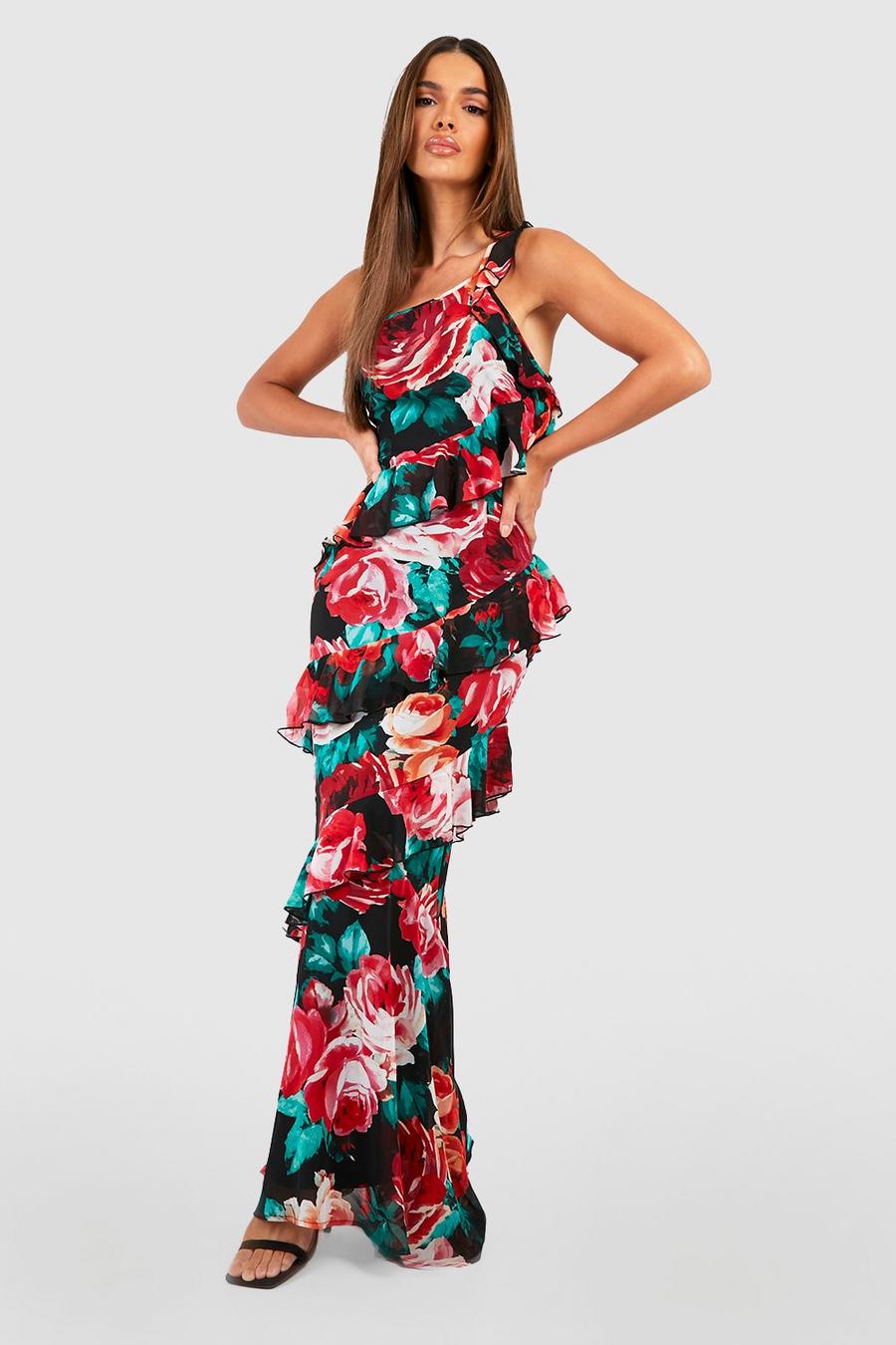 Black Floral Ruffle Asymmetric Maxi Dress image number 1