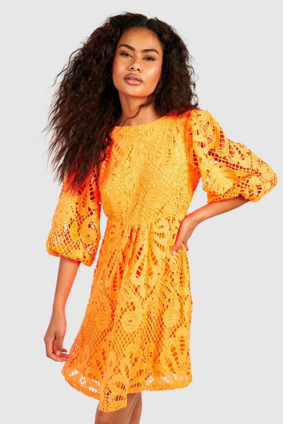 Orange Premium Lace Puff Sleeve Smock Dress image number 1